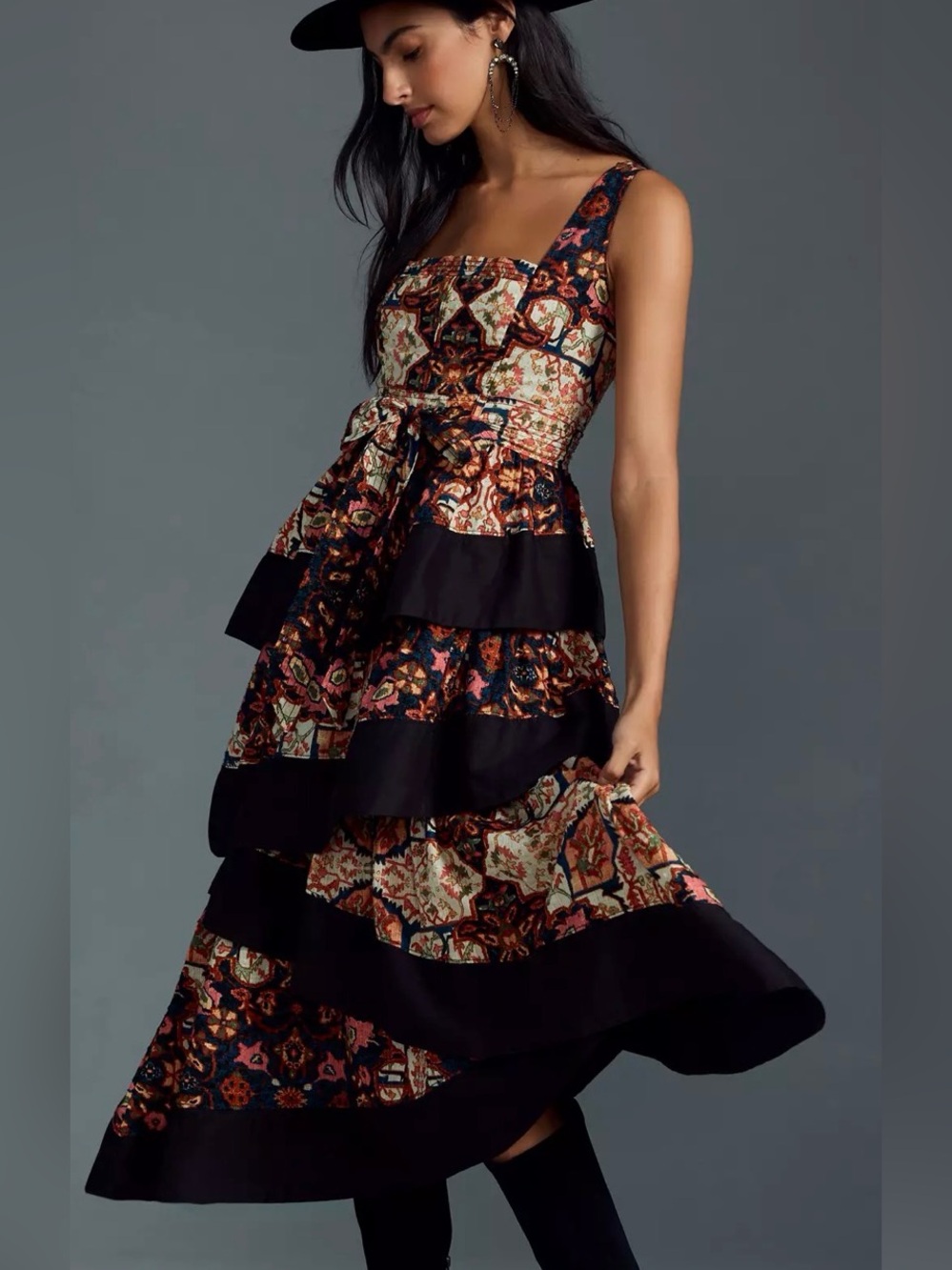Anthropologie XL Square Neck Floral Print Tiered Midi Dress NEW